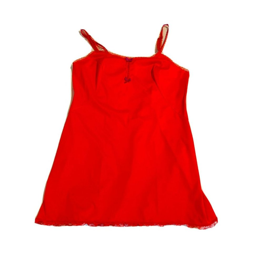 Vintage VANITY FAIR Short Slip Nightgown Orange Fuchsia Women’s 36 BF With Lace - Picture 3 of 9